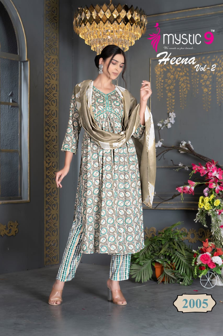 Heena Vol 2 By Mystic 9 Rayon Printed Embroidery Kurti With Bottom Dupatta Wholesale Shop In Surat
